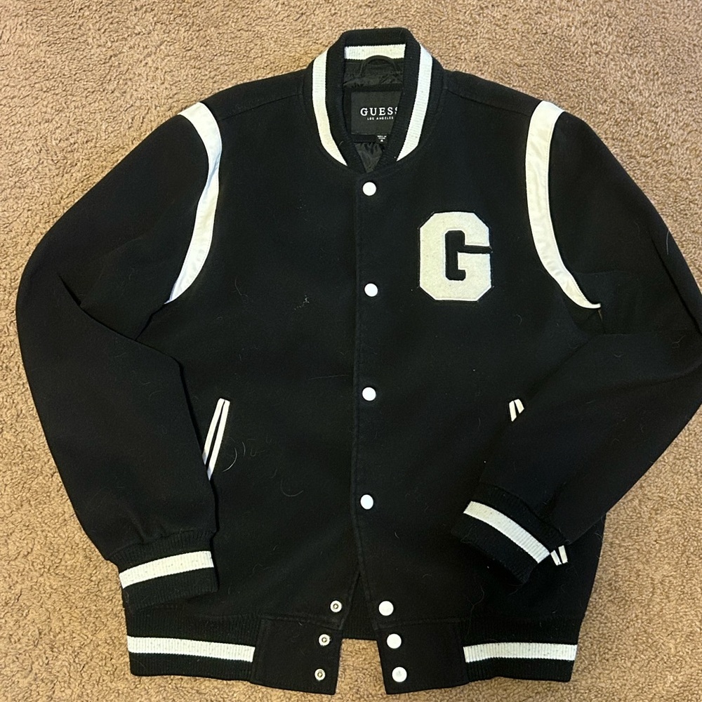 GUESS Men's Black Varsity Jacket with White Accents
